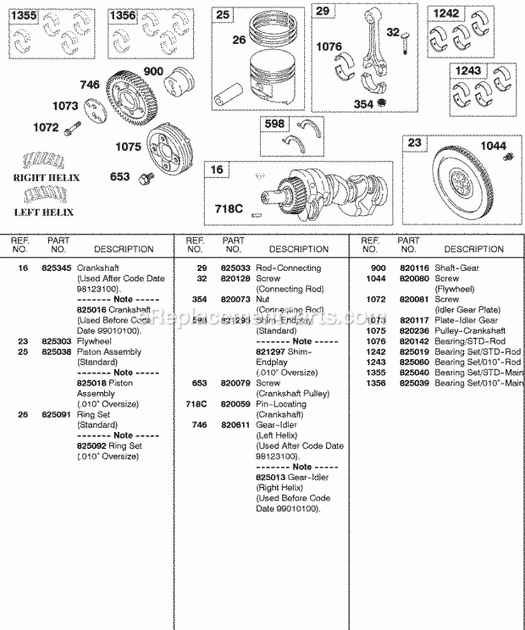 Crankshaft Flywheel PistonRingsConnecting Rods Diagram and Parts List for 430447-0105-01  Briggs and Stratton Engine